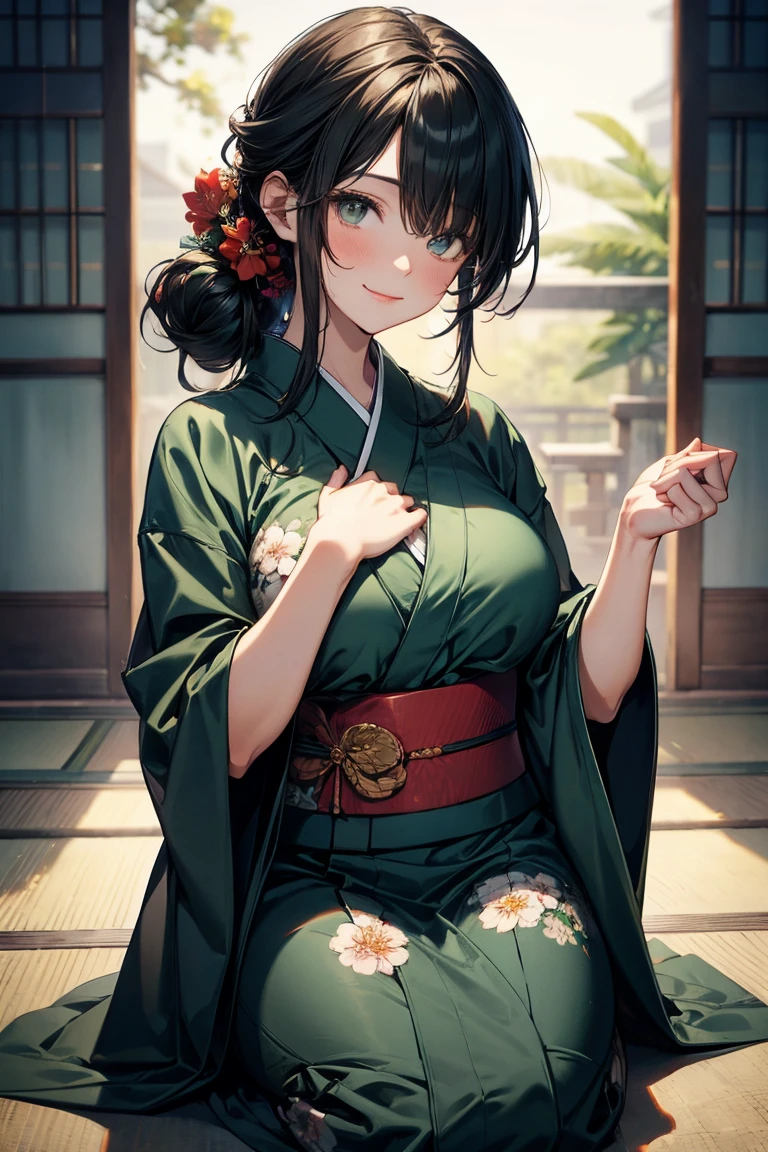 (Masterpiece, best quality), (ultra high resolution, 8K RAW photo, photo realistics:1.5, textile shading, softy tones, thin outline), araffe matured woman in a kimono, sitting on a bed with hugging a teddy bear, (wearing dark green silk robes), (dark green hanfu:1.2), (wearing japanese kimono:1.2, traditional japanese, japanese clothes), (classy yukata clothing, flowers printing in clothes), wearing a haori, (matured woman, milf:1.5, 28 years old, solo), (large breast, sagging breast, big tits, narrow waist, big ass, curvy bodies), (medium hair, hair over one eye, asymmetric hair, half updo hair), (bright pupils, detailed eyes, high detailed face, half closing eyes), eye rush, (smileing, shamed), (looking at viewers:1.3), (dynamic angle, from above:0.5), (correct anatomy:1.5, correct hands), (ideal ratio of body proportions),