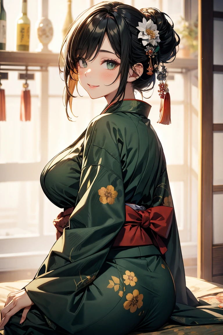 (Masterpiece, best quality), (ultra high resolution, 8K RAW photo, photo realistics:1.5, textile shading, softy tones, thin outline), araffe matured woman in a kimono, sitting on a bed with hugging a teddy bear, (wearing dark green silk robes), (dark green hanfu:1.2), (wearing japanese kimono:1.2, traditional japanese, japanese clothes), (classy yukata clothing, flowers printing in clothes), wearing a haori, (matured woman, milf:1.5, 28 years old, solo), (large breast, sagging breast, big tits, narrow waist, big ass, curvy bodies), (medium hair, hair over one eye, asymmetric hair, half updo hair), (bright pupils, detailed eyes, high detailed face, half closing eyes), eye rush, (smileing, shamed), (looking at viewers:1.3), (dynamic angle, from above:0.5), (correct anatomy:1.5, correct hands), (ideal ratio of body proportions),