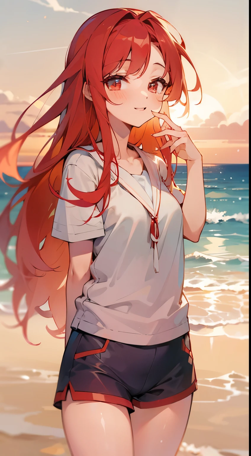 sandbeach,beachside,the sunset,Long red hair,red color eyes,shorter pants,laughingly,eye closeds,8K分辨率,teens girl