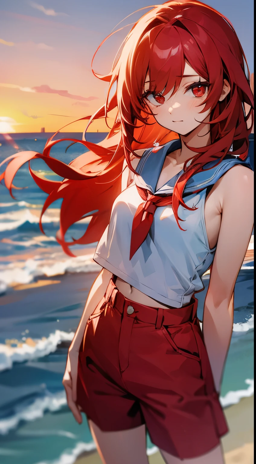 sandbeach,beachside,the sunset,Long red hair,red color eyes,shorter pants,laughingly,eye closeds,8K分辨率,teens girl