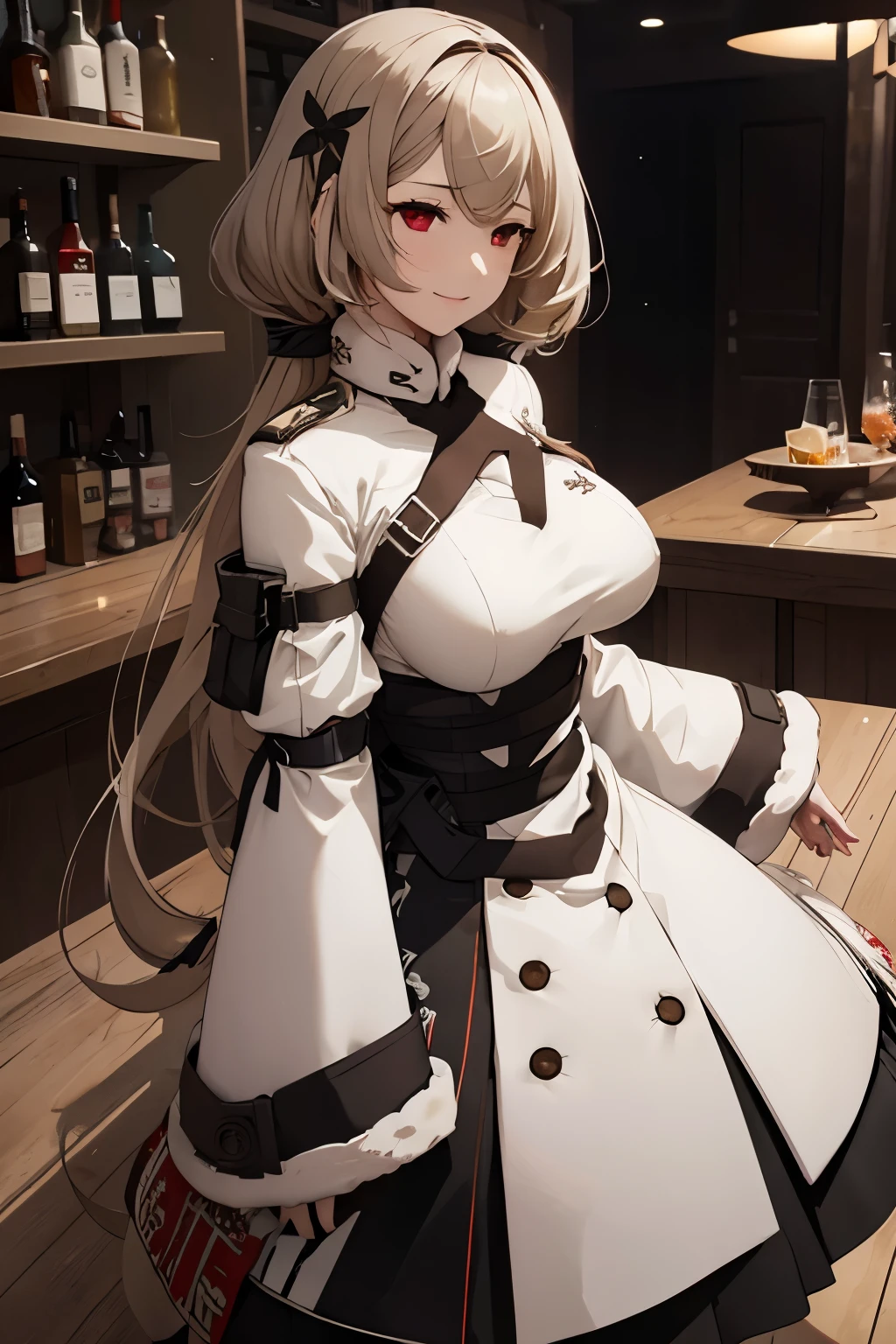 female solo、a blond、Wave Semi-Long(inked)hair、large full breasts、red eyes、White winter clothes、Tall、a cool、Bar background、kord.Dolls Frontline .girls' frontline.kord.high-level image quality、hightquality、8K picture quality、kindly smile