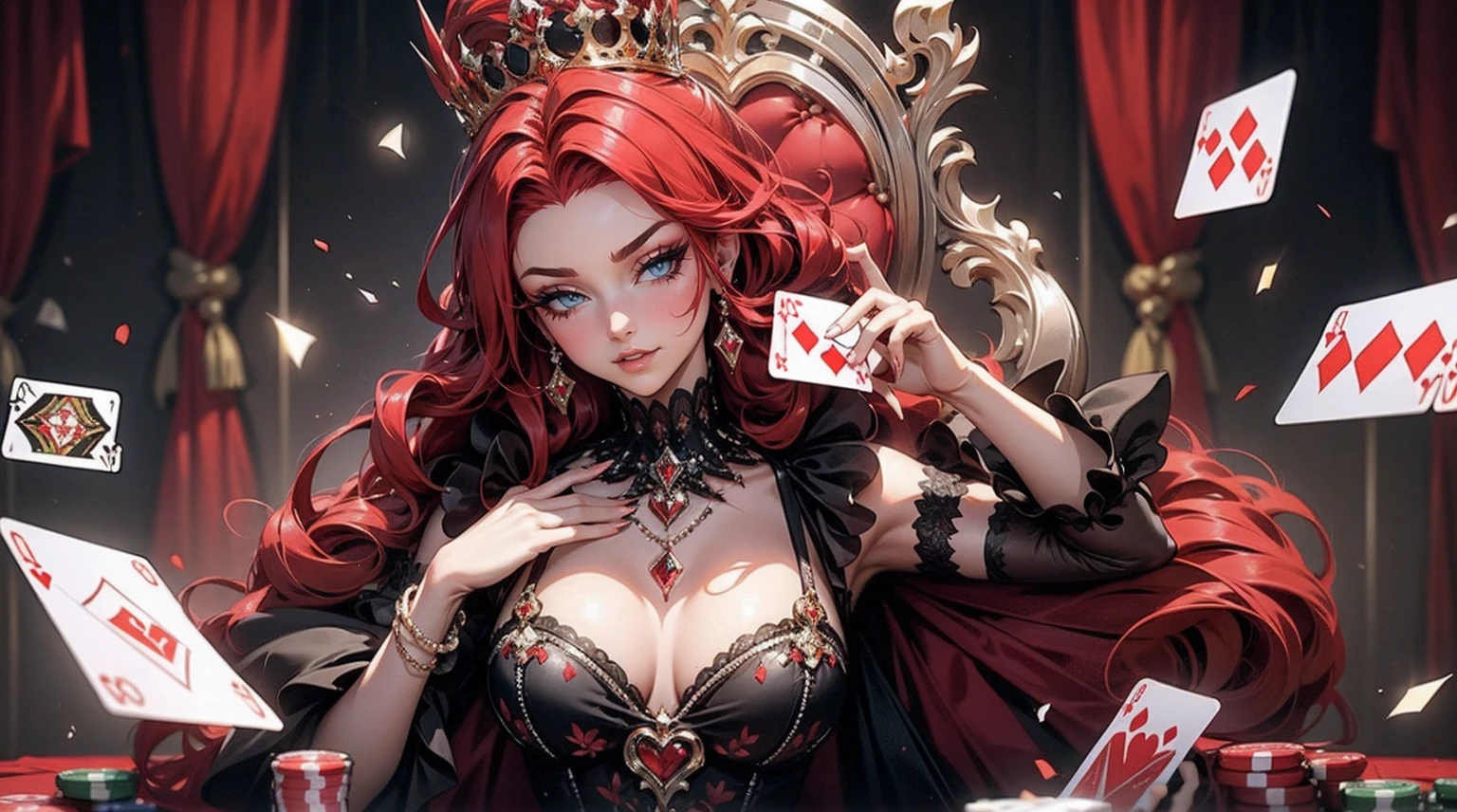 Em um luxuoso cassino, A stunning woman wears an exquisite dress adorned with heart symbols, embodying the royal presence of the Queen of Hearts. Surrounded by a backdrop of poker cards and chips, She exudes confidence and seduction, convidando os jogadores a testar sua sorte e habilidades no jogo de azar. Deitada na mesa de poker. com cabelos curtos, enrolados, cabelos vermelhos (queen of hearts)