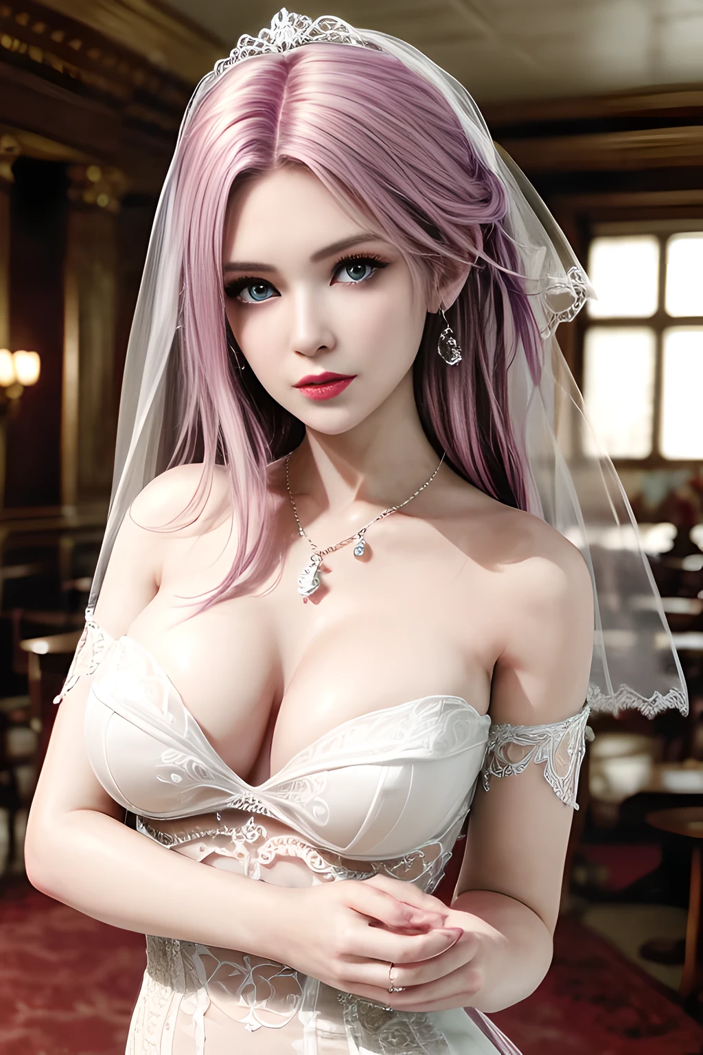 shot from afar,1 girl,Vampires, Elise,(in wedding dresses, bridal gown),((coffeehouse)),jewely,Tattooed with,Redlip,(Glossy glossy skin),鎖骨,Charming cleavage,(tmasterpiece:1.5), (Best quality at best:1.35),(Realistis:1.4), detailed,8K,computer graphics image processing,detailed头发,,Expressive eyes, s the perfect face, real fingers,depth of fields,Similar colors,a warm color palette,softlighting,low-contrast,(Bright color contrast composition),Soft shadows,