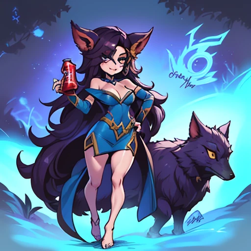 1girl, flor espiritual \(league of legends\), tiro de vaquero, foxgirl, orejas de zorro, cola de zorro, short dress, full body view