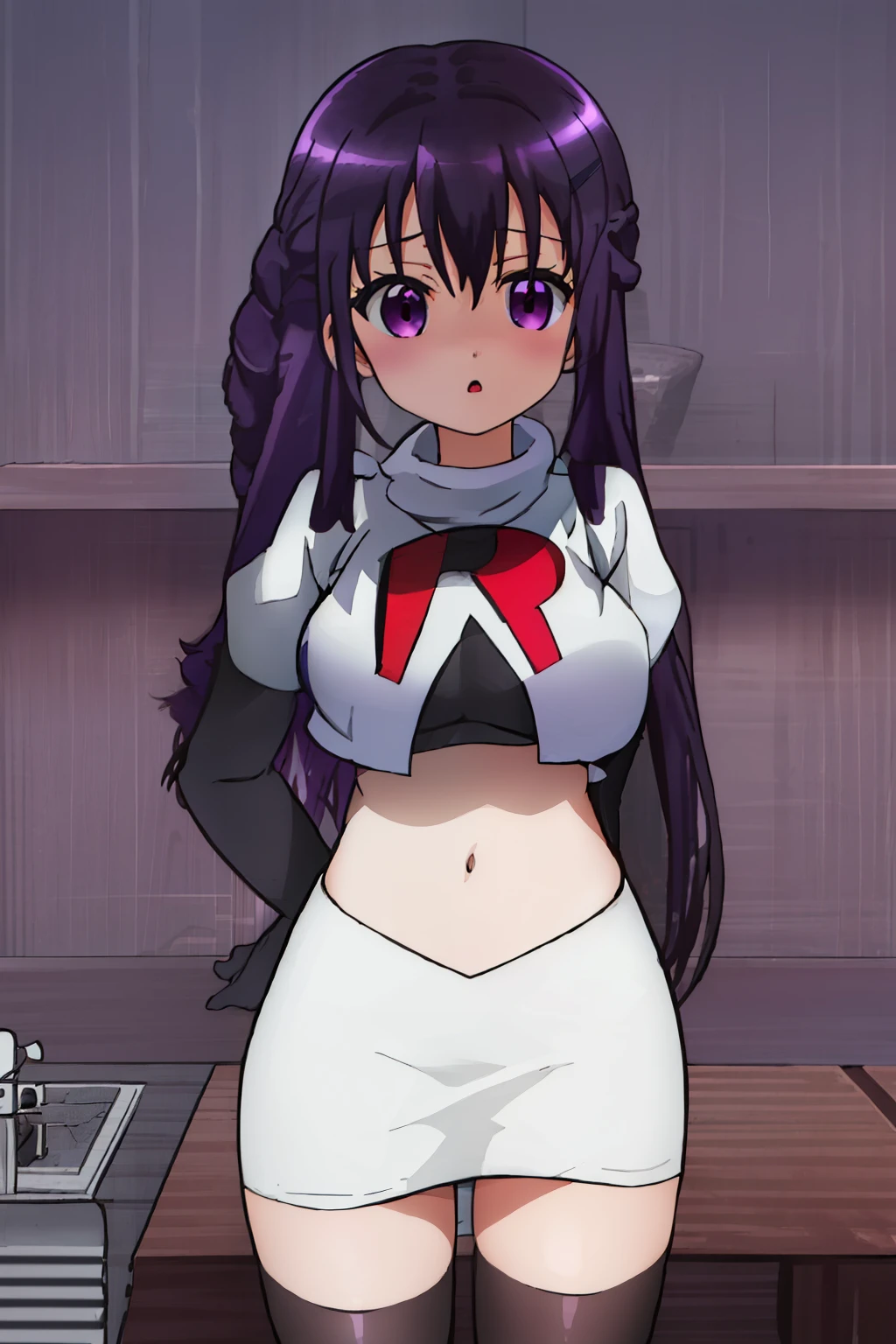 best quality, masterpiece, highres, solo, {tedeza_rize_istheorderarabbit:1.15}, purple_hair, long_hair, twintails, purple_eyes, bangs, hair_ornament, blush, hairclip, hair_between_eyes, :o,shiny, shiny_hair, breasts, team rocket,team rocket uniform,white skirt,red letter R,crop top,black thigh-highs,black elbow gloves