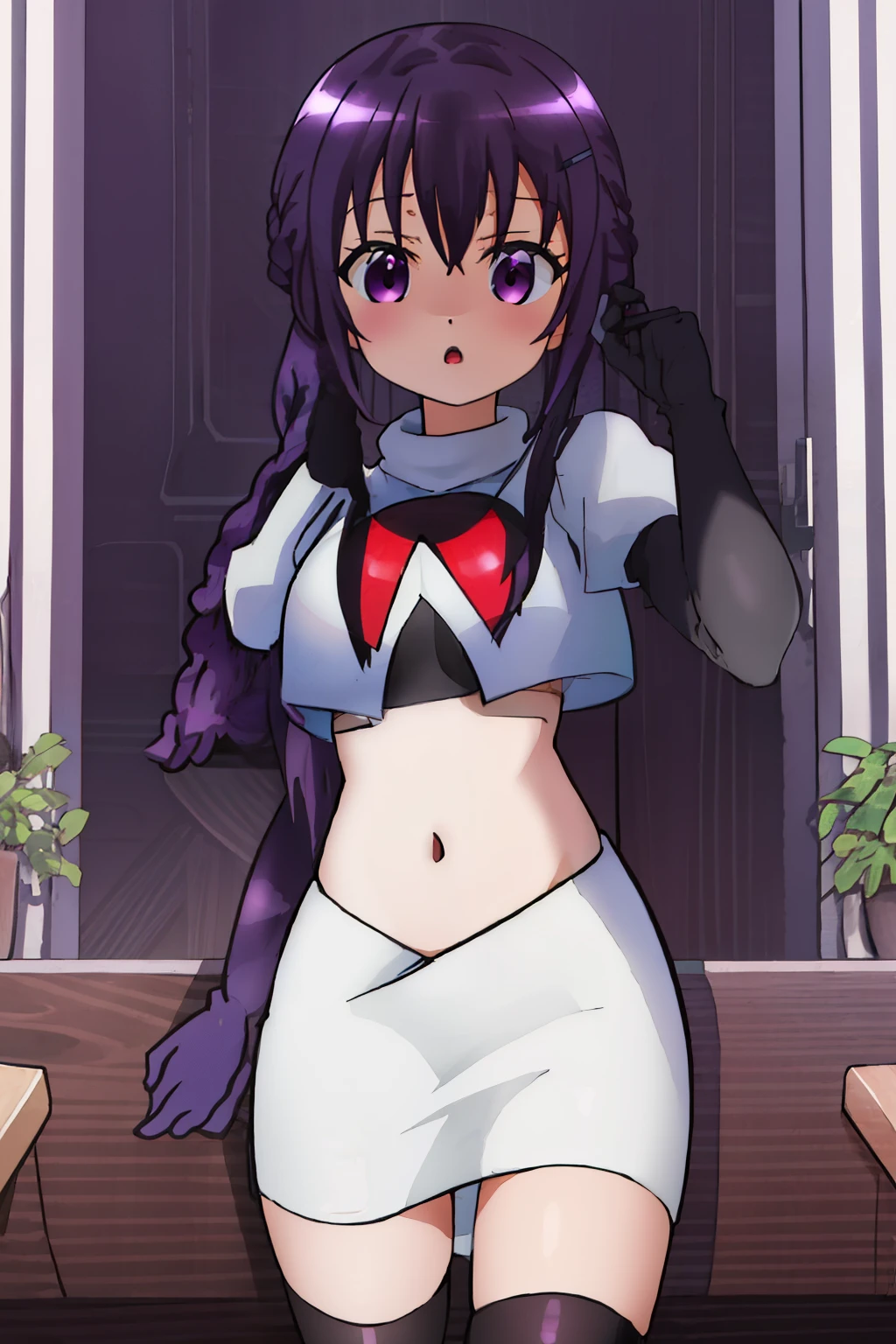best quality, masterpiece, highres, solo, {tedeza_rize_istheorderarabbit:1.15}, purple_hair, long_hair, twintails, purple_eyes, bangs, hair_ornament, blush, hairclip, hair_between_eyes, :o,shiny, shiny_hair, breasts, team rocket,team rocket uniform,white skirt,red letter R,crop top,black thigh-highs,black elbow gloves