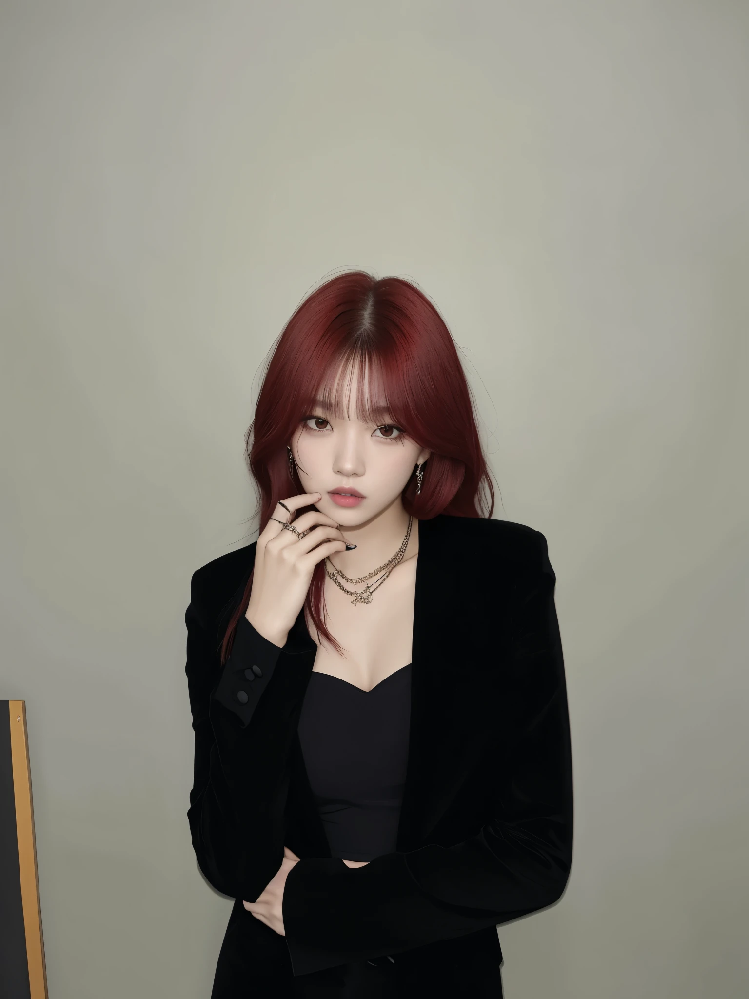there is a woman con el pelo rojo posing for a picture, portrait of Jossi de Blackpink, con el pelo rojo, Sun Yunjoo, Jossi de Blackpink, ulzzang, Foto de perfil de la foto de cabeza, Jinyoung Shin, con el pelo corto, Ella tiene el pelo rojo, demasiado rojo, Capturado con Canon EOS R 6, desde 8 K mate, con flequillo, cruel korean goth girl
