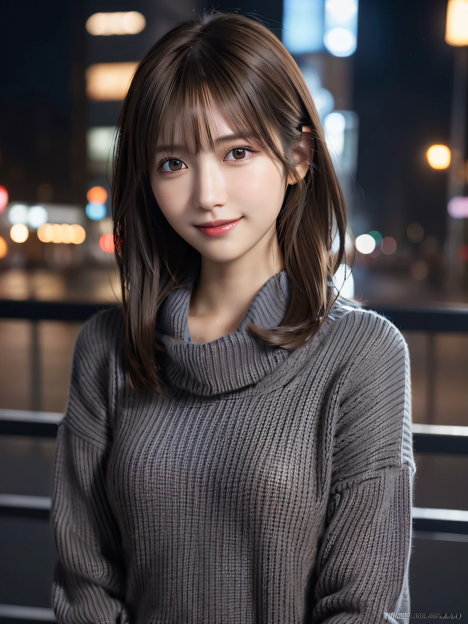 1 japanese girl,(Dark grey sweater:1.4),(wears a large muffler around his neck:1.2), (Raw photo, Best Quality), (Realistic, Photorealsitic:1.4), masutepiece, extremely delicate and beautiful, Extremely detailed, 8k wallpaper, amazing, finely detail, extremely detailed CG Unity, hight resolution, Soft light, Beautiful detailed girl, extremely detailed eye and face, beautiful detailed nose, Beautiful detailed eyes,Cinematic lighting,city light at night,Perfect Anatomy,Slender body,Smiling (hair messy, asymmetrical bangs, light brown hair,),