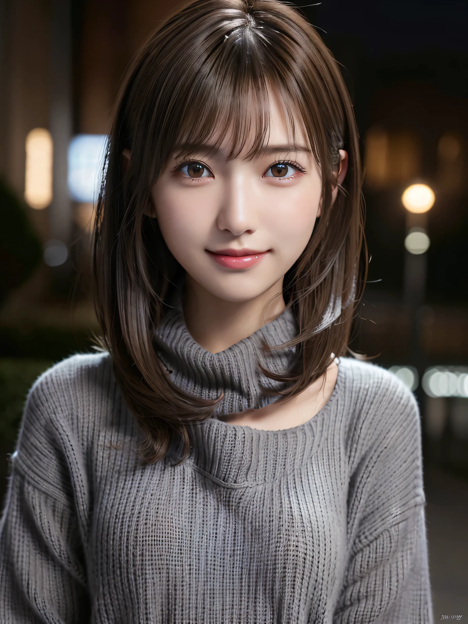 1 japanese girl,(Dark grey sweater:1.4),(wears a large muffler around his neck:1.2), (Raw photo, Best Quality), (Realistic, Photorealsitic:1.4), masutepiece, extremely delicate and beautiful, Extremely detailed, 8k wallpaper, amazing, finely detail, extremely detailed CG Unity, hight resolution, Soft light, Beautiful detailed 17 year old girl, extremely detailed eye and face, beautiful detailed nose, Beautiful detailed eyes,Cinematic lighting,city light at night,Perfect Anatomy,Slender body,Smiling (hair messy, asymmetrical bangs, light brown hair,),
