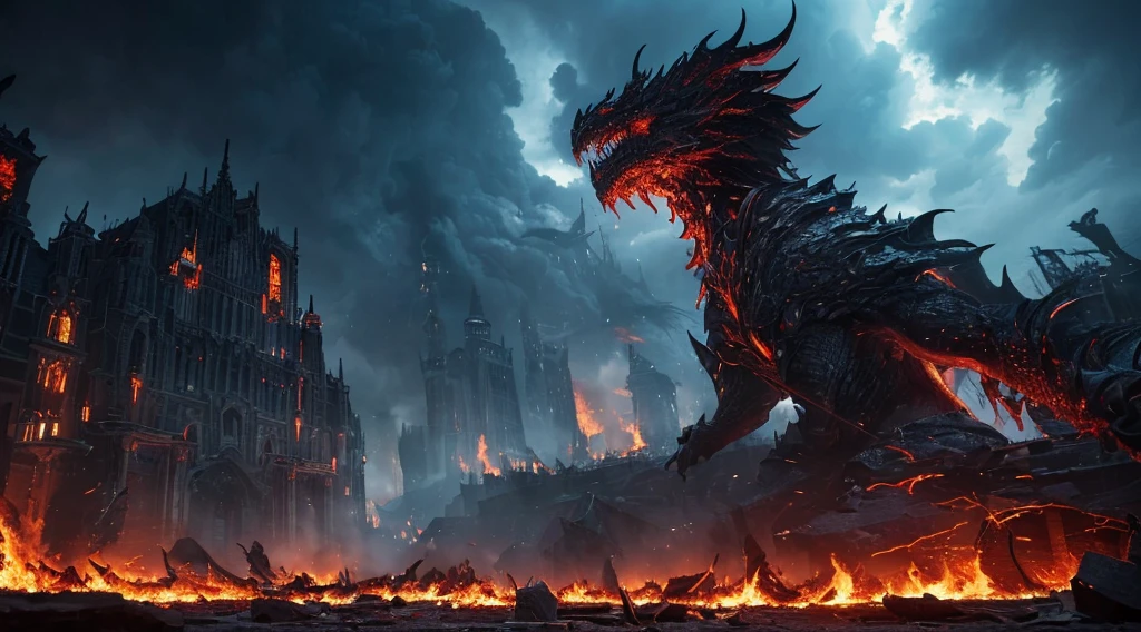 (in 8K, RAW Photos, top-quality, masterpiece:1.2), (realisitic, Photorealsitic:1.37), ultra-detailliert, high resolution, Huge Monster and sexy sorceress, building crumbling, Burning flame, stunningly beautiful face, dynamic ungle