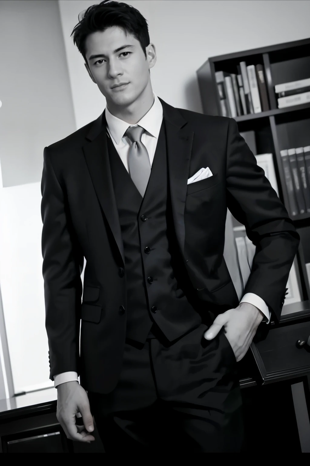 a man in a suit and tie standing in front of a bookcase, handsome and elegant, wearing a suits, luxurious suit, wearing a stylish men's suit, elegant suit, wearing a black suit, high quality suit, suits, wearing black suit, wearing fashion suit, 3-piece-suit, suit , perfect face, in a suit, dark suit