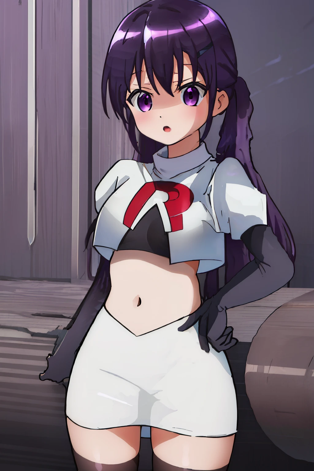 best quality, masterpiece, highres, solo, {tedeza_rize_istheorderarabbit:1.15}, purple_hair, long_hair, twintails, purple_eyes, bangs, hair_ornament, blush, hairclip, hair_between_eyes, :o,shiny, shiny_hair, breasts, team rocket,team rocket uniform,white skirt,red letter R,crop top,black thigh-highs,black elbow gloves