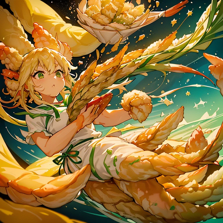 A large asparagus girl who serves large soba noodles flies.、Amazing dynamism、Amazing Angle、A sandstorm of overwhelming conger eel buoyancy、((((surround in a star shape'seafood tempura))))((((A lot of shrimp tempura strips floating and chasing each other..))))