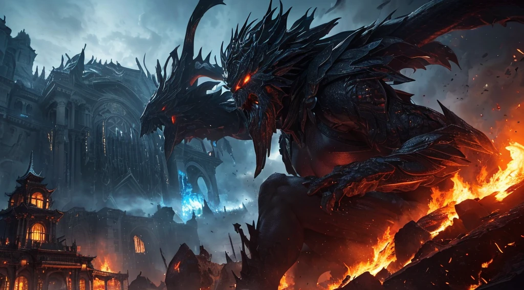 (in 8K, RAW Photos, top-quality, ​masterpiece:1.2), (realisitic, Photorealsitic:1.37), ultra-detailliert, high resolution, Huge Monster and sexy sorceress, building crumbling, Burning flame, stunningly beautiful face, dynamic ungle