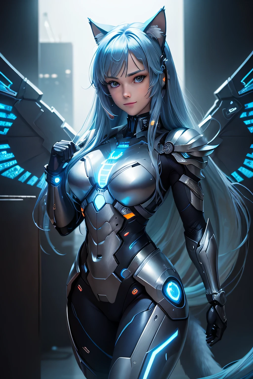 A woman in a futuristic suit with wings and a cat ears - SeaArt AI