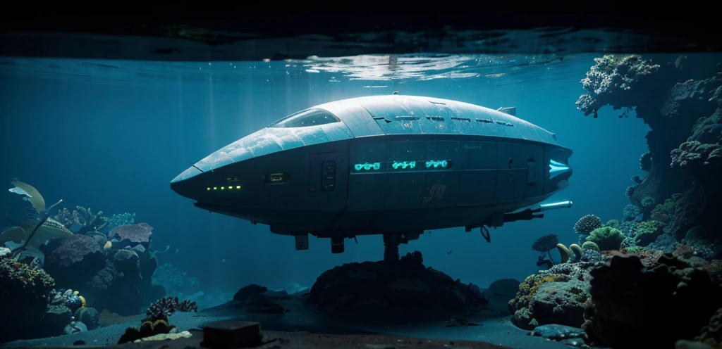 There is a cyberpunk-style submersible in the mysterious deep sea,Undersea exploration,A sense of future technology,lamplight,Future creatures,