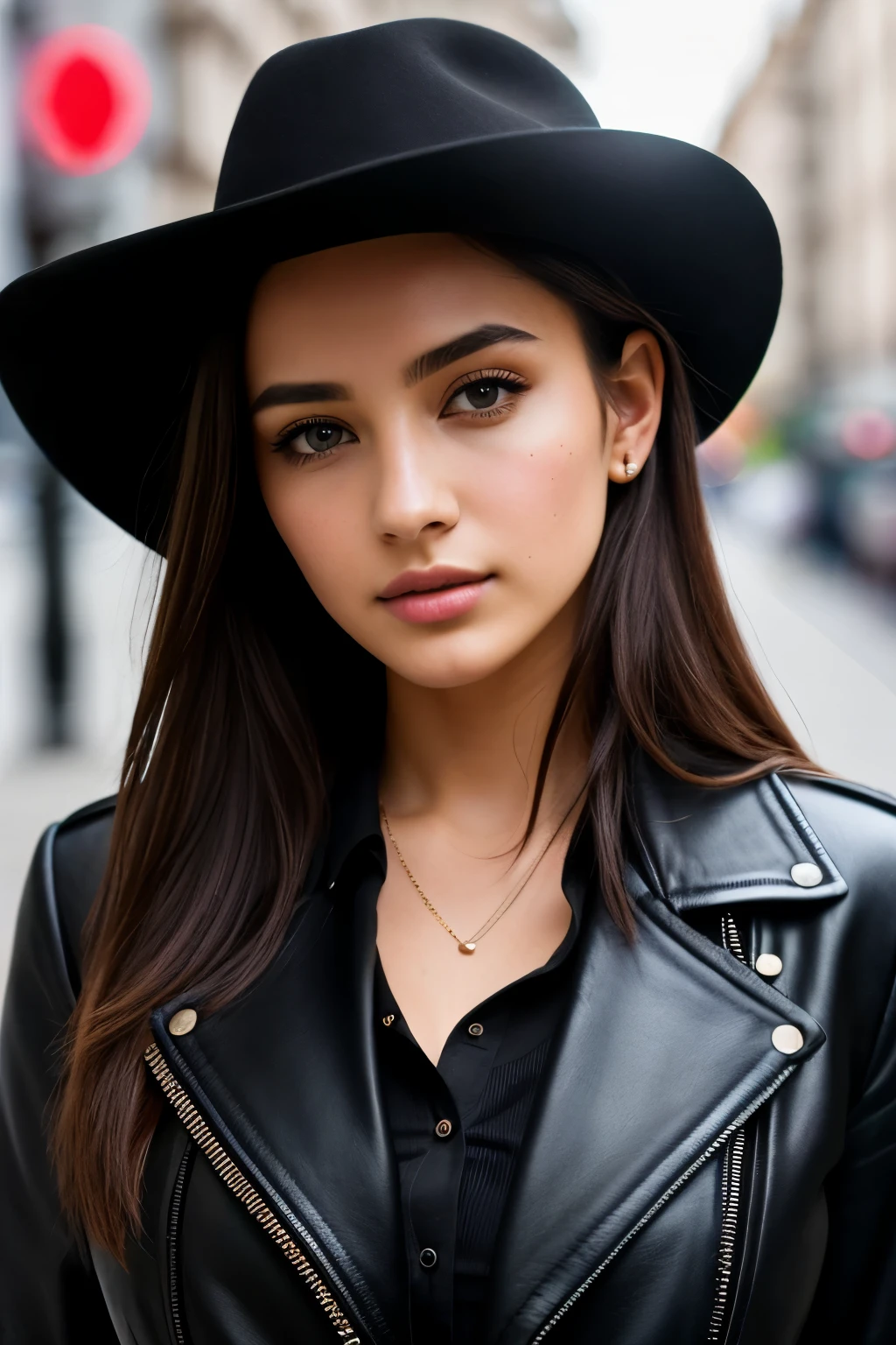 (black riders jacket:1.1), (masterpiece, best quality, pretty girl, beautiful face, 8k, raw photo, photorealistic, absurdres:1.2), 20 year old, cowboy shot, passport photo, facelight, film grain, chromatic aberration, highres, ultra detailed, finely detail, White blouse, detailed skin and eyes and face, sharp pupils, realistic pupils, sharp focus, street, dd breats, cleavage