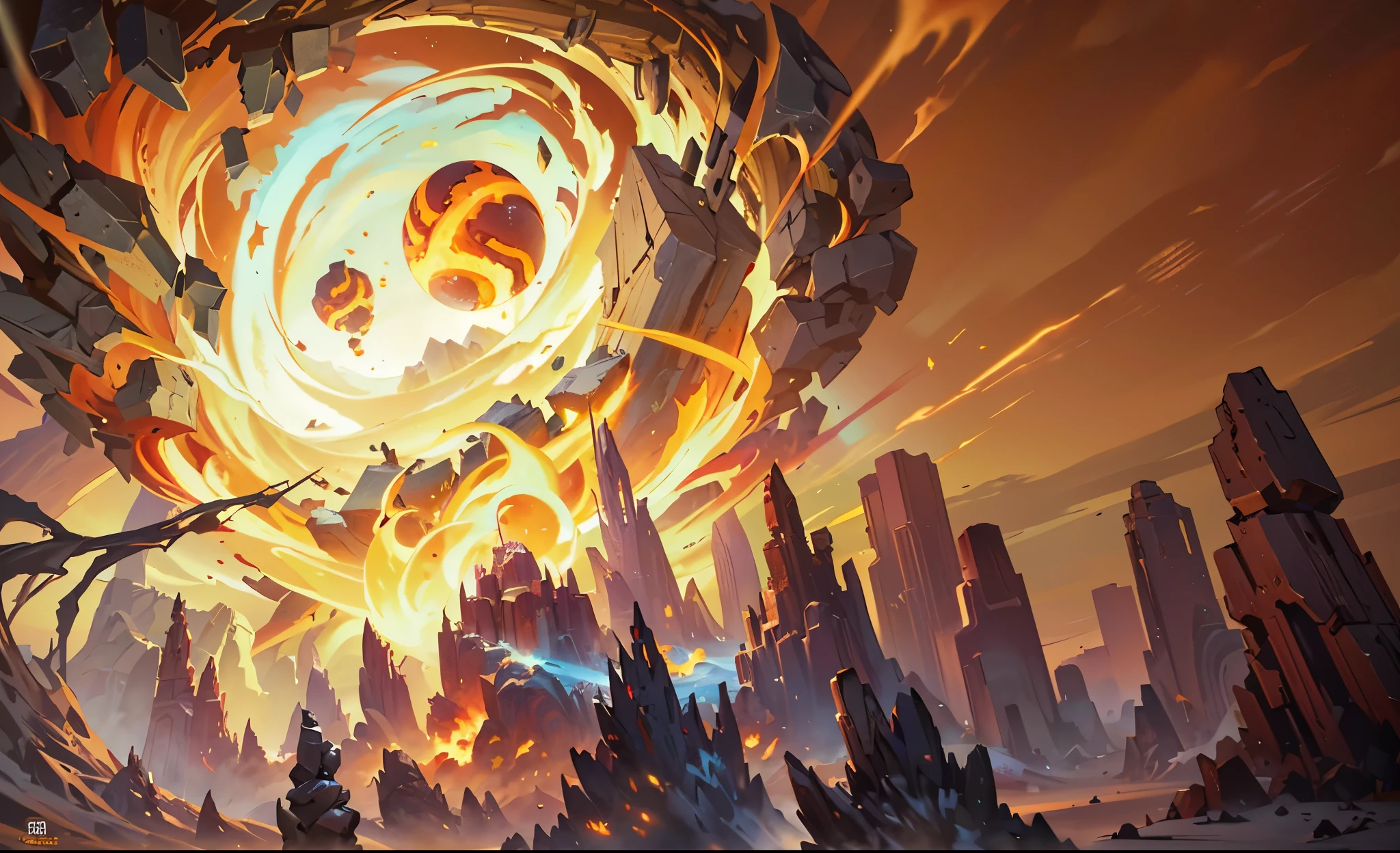 Animation scene of huge explosion of rocks and huge fireball, Riot Games Concept Art, 8k hd wallpaperjpeg artifact, 8k hd wallpaperjpeg artifact, World of Warcraft art style, Official splash art, blizzard hearthstone concept art, Depicted as game concept art, hearthstone concept art, background artwork, stylized concept art, World of Warcraft splash art