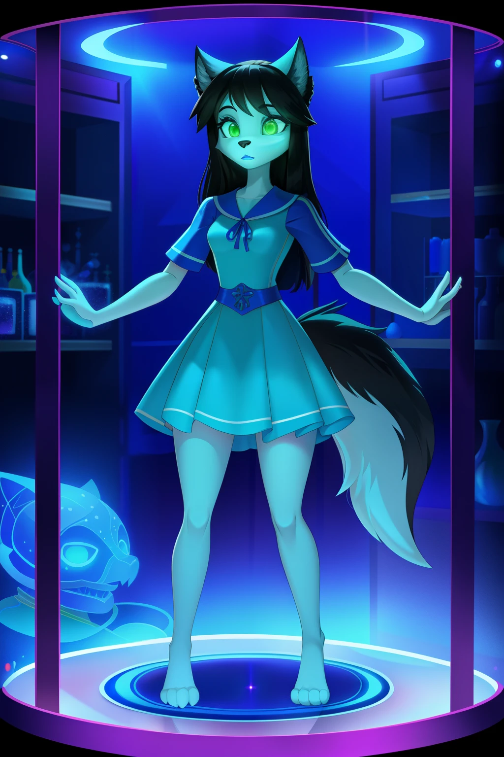 1girl, housewife, wolf anthro, black hair, green eyes, glowing eyes, blue sportswear, glass case, mind-controlled, hypnotized, attention, hollow eyes, 3D Disney style, full body