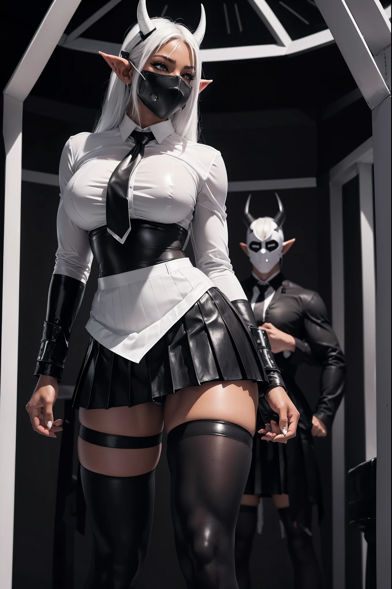 Beautiful 21 year old white-haired black girl, big ass, sexy_tits, elf ears, horns, dark skin, ebony skin,((long black leather pleated skirt, black leather long-sleeve, white formal shirt buttoned up with neck tie)), (translucent nylon stockings), ((muscular physique)), ((strong muscular legs, beautiful pure white eyes, lighting, standing pose in a mma octagon, th1t, thigh high stockings, cyber punk mask