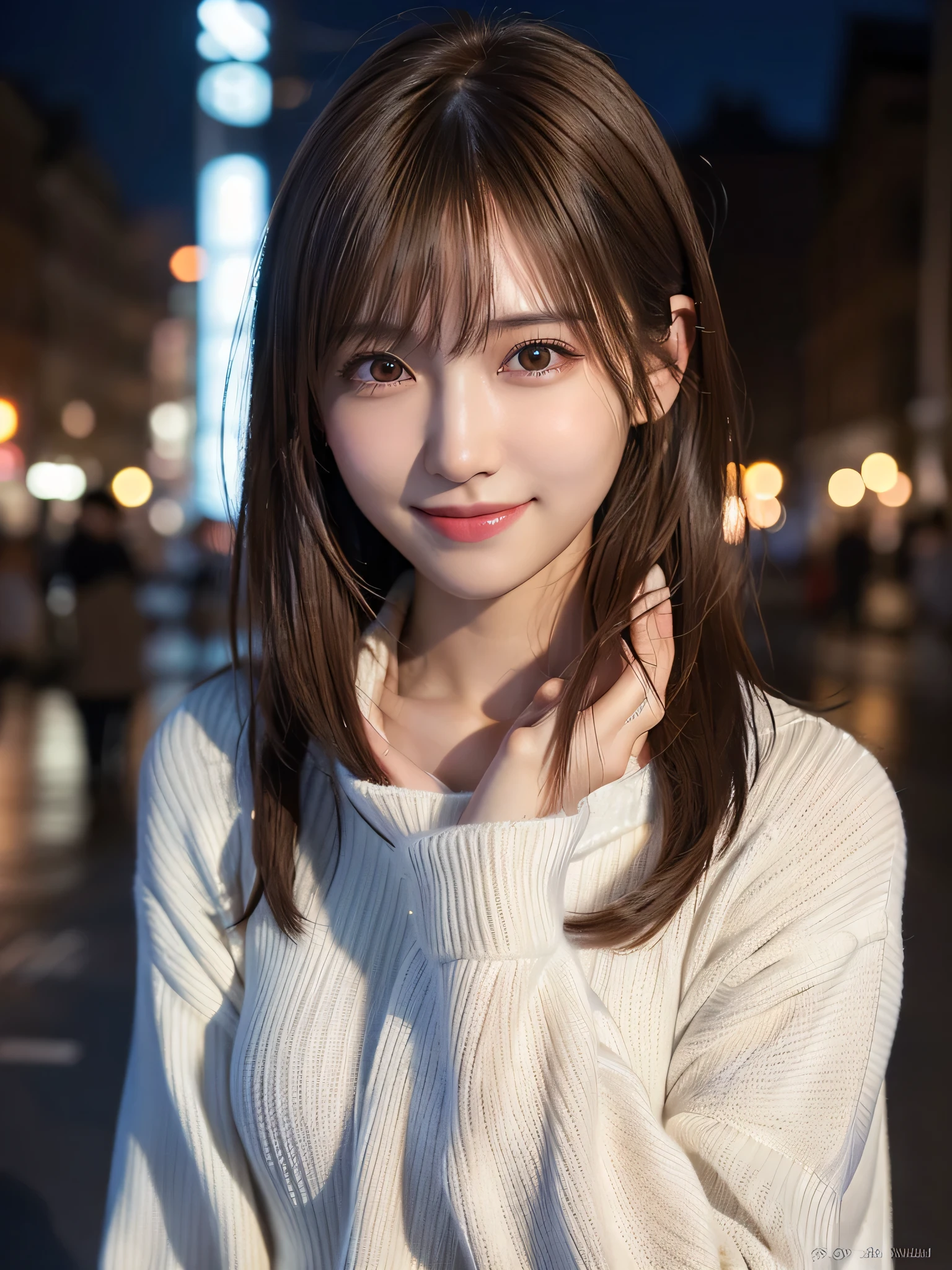 1 japanese girl,(white sweater:1.4),(wears a large muffler around his neck:1.2), (Raw photo, Best Quality), (Realistic, Photorealsitic:1.4), masterpiece, extremely delicate and beautiful, Extremely detailed, 8k wallpaper, amazing, finely detail, extremely detailed CG Unity, hight resolution, Soft light, Beautiful detailed  girl, extremely detailed eye and face, beautiful detailed nose, Beautiful detailed eyes,Cinematic lighting,city light at night,Perfect Anatomy,Slender body,midium breast,Smiling, (hair messy, asymmetrical bangs, light brown hair,),