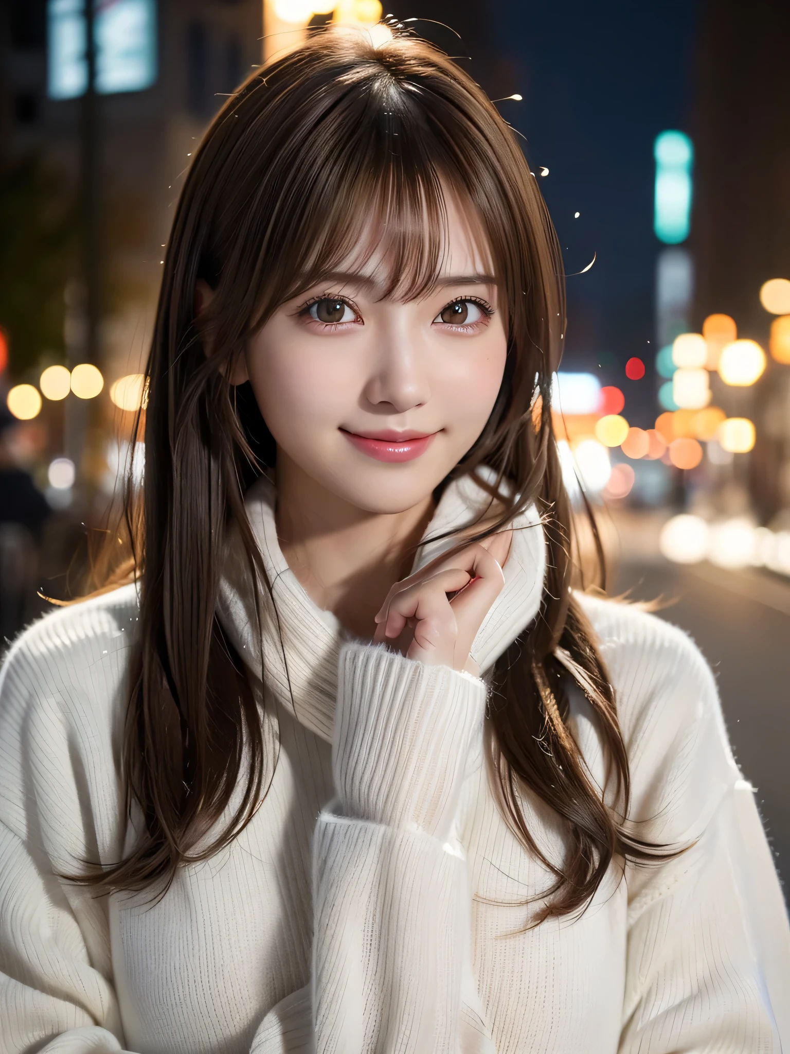1 japanese girl,(white sweater:1.4),(wears a large muffler around his neck:1.2), (Raw photo, Best Quality), (Realistic, Photorealsitic:1.4), masterpiece, extremely delicate and beautiful, Extremely detailed, 8k wallpaper, amazing, finely detail, extremely detailed CG Unity, hight resolution, Soft light, Beautiful detailed girl, extremely detailed eye and face, beautiful detailed nose, Beautiful detailed eyes,Cinematic lighting,city light at night,Perfect Anatomy,Slender body,midium breast,Smiling, (hair messy, asymmetrical bangs, light brown hair,),