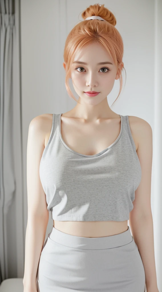A beautiful woman sitting on luxury bed, wearing ((wearing tight white tank top, grey mini skirt )), pale skin, smooth pale skin, skin tune pink, perfect body, detailed body, ((gigantic breast, big hips)), cute face, orange hair, super detailed, 8k