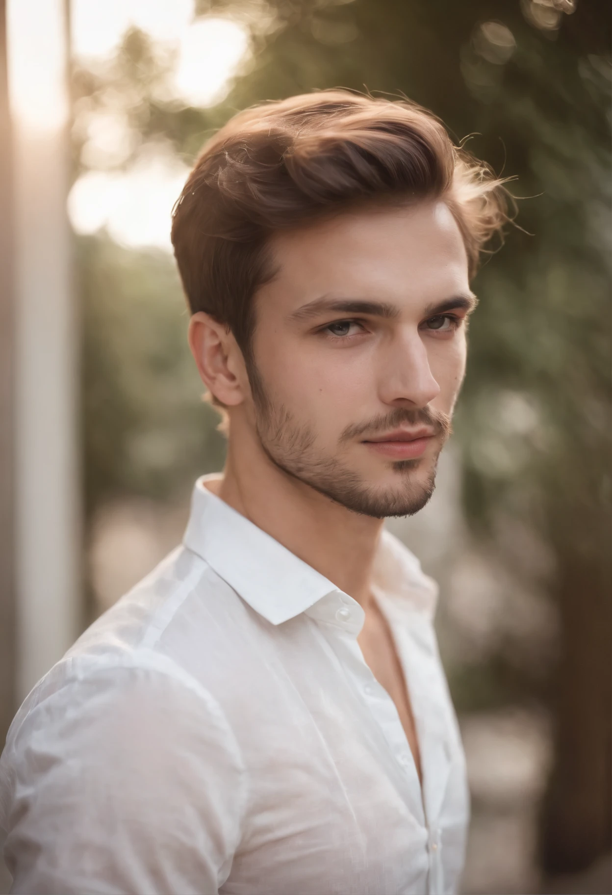 portrait of young european man, White shirt,silky light untidy hair, light beard, looking in camera, Half body,Straight Posing, Perfect Lighting, deepshadow, Best Quality, masutepiece, 超A high resolution, Photorealistic, full body