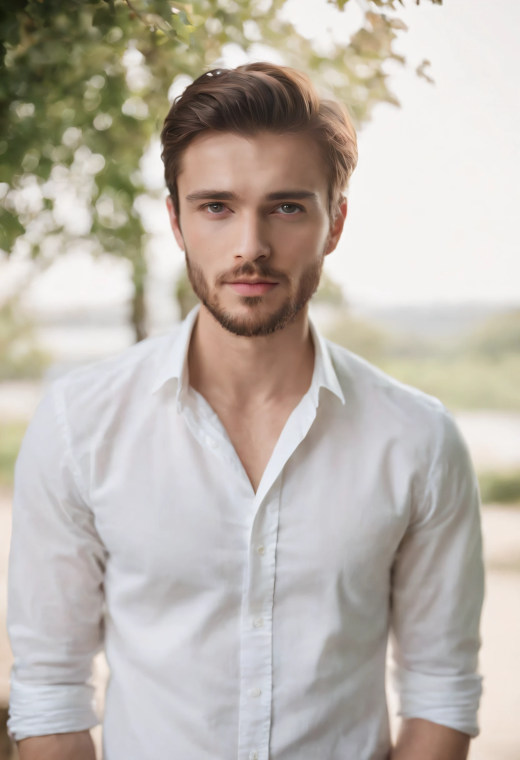 portrait of young european man, White shirt,silky light untidy hair, light beard, looking in camera, Half body,Straight Posing, Perfect Lighting, deepshadow, Best Quality, masutepiece, 超A high resolution, Photorealistic, full body