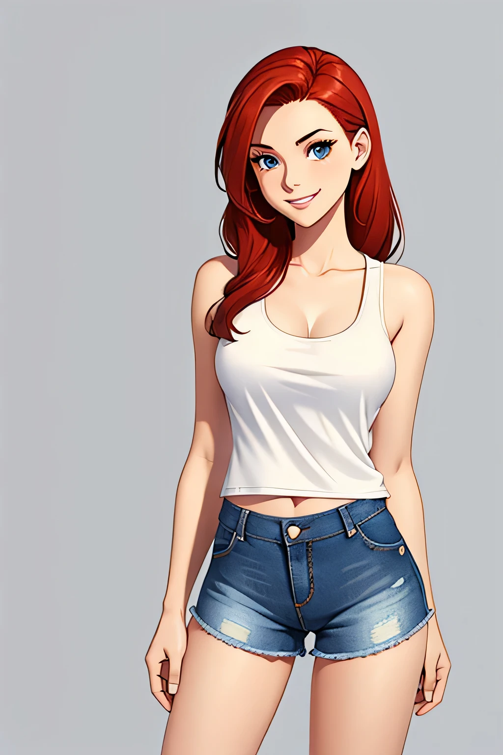 Indie game art,(full body wearing jean shorts and white tank top, Cartoon style), Hand drawn, Technical illustration, Graphic design, redhead, pale skin, standing with arms folded, smiling, ((no background)), Ese Merve