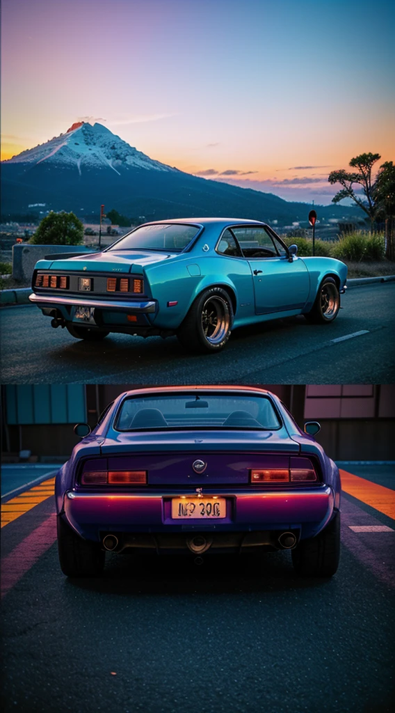 retrowave. city, 1969 Nissan S30, wide body kit, road, purple neon lights, sun, mountain, (masterpiece,detailed,highres),