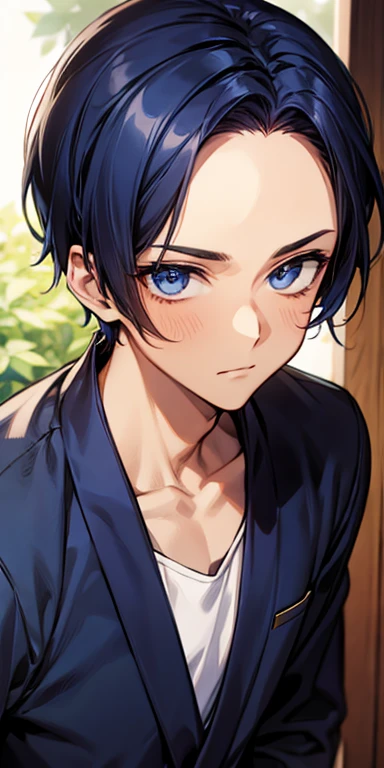 ((((1 male))))、((masutepiece)), ((Best Quality)), (((Brown skin))), ((dark blue eyes)), ((Dark blue hair))、 (((very very short hair、Forehead))), Tall、Sanpaku eyes、