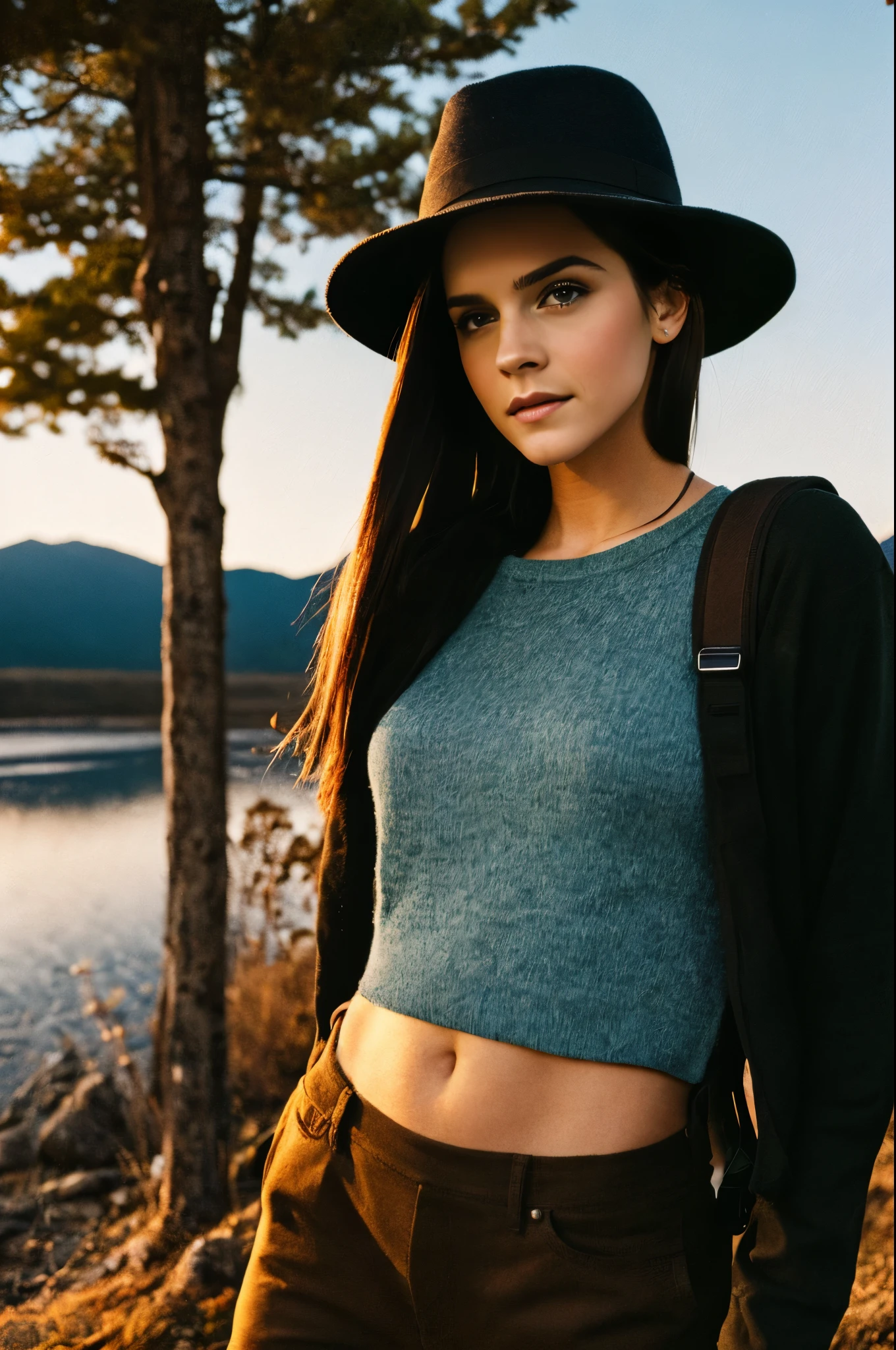 1girl, Emma Watson, ((upper body happy)), masterpiece, best quality, ultra-detailed, solo, outdoors, (night), mountains, nature, (stars, moon) cheerful, happy, backpack, sleeping bag, camping stove, mountain boots, gloves, mini sweater top, bare belly, hat, flashlight, forest, rocks, river, wood, smoke, shadows, contrast, clear sky, analog style, (look at viewer:1.2), (skin texture), (film grain:1.3), (warm hue, warm tone :1.2), close up, cinematic light, sidelighting, ultra high res, best shadow, RAW, upper body, wearing pullover top
