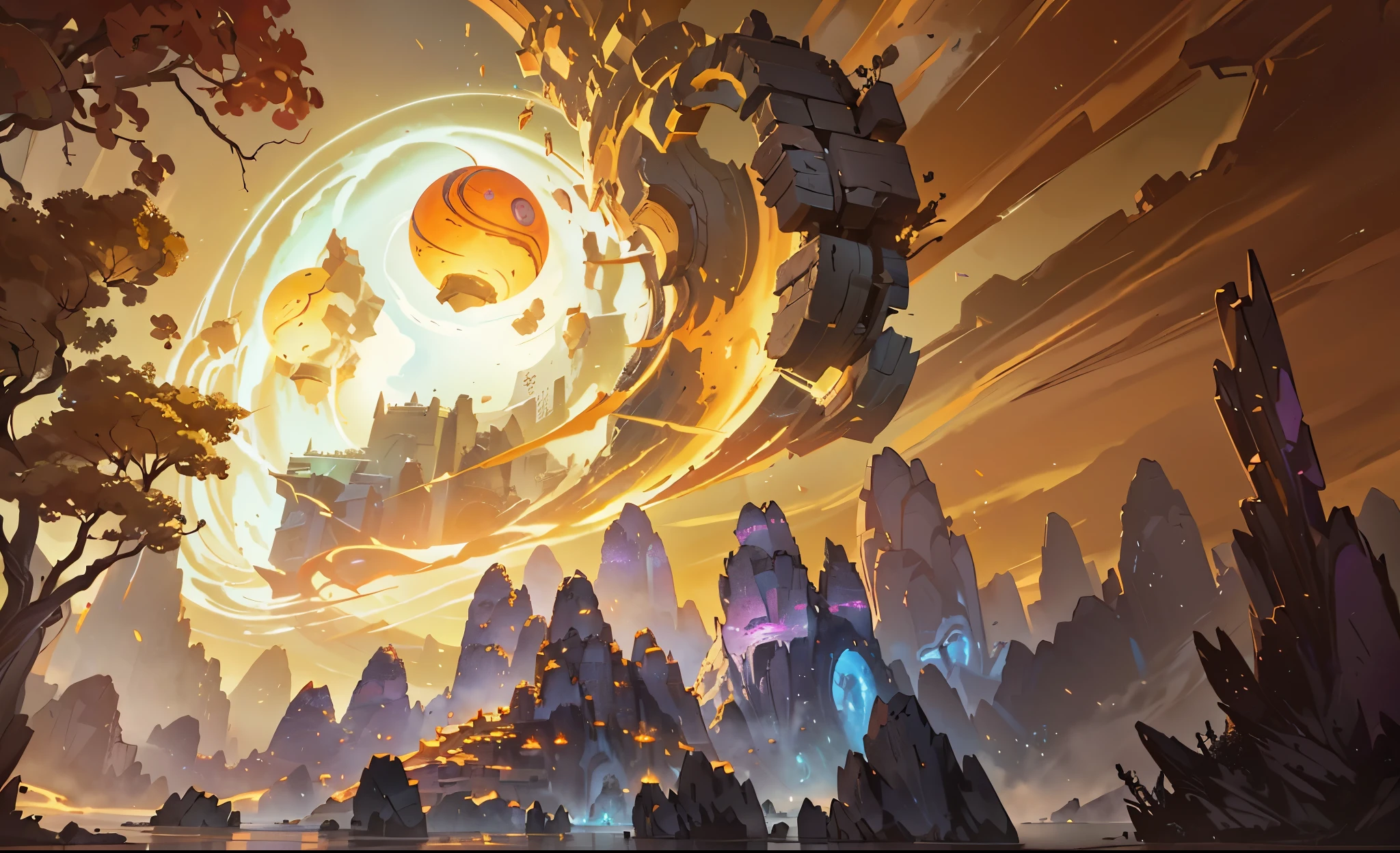 Animated scene of rocks and huge glowing stone balls, chinse landscape,Guilin,Riot Games Concept Art, 8k hd wallpaperjpeg artifact, 8k hd wallpaperjpeg artifact, World of Warcraft art style, Official splash art, blizzard hearthstone concept art, Depicted as game concept art, hearthstone concept art, background artwork,