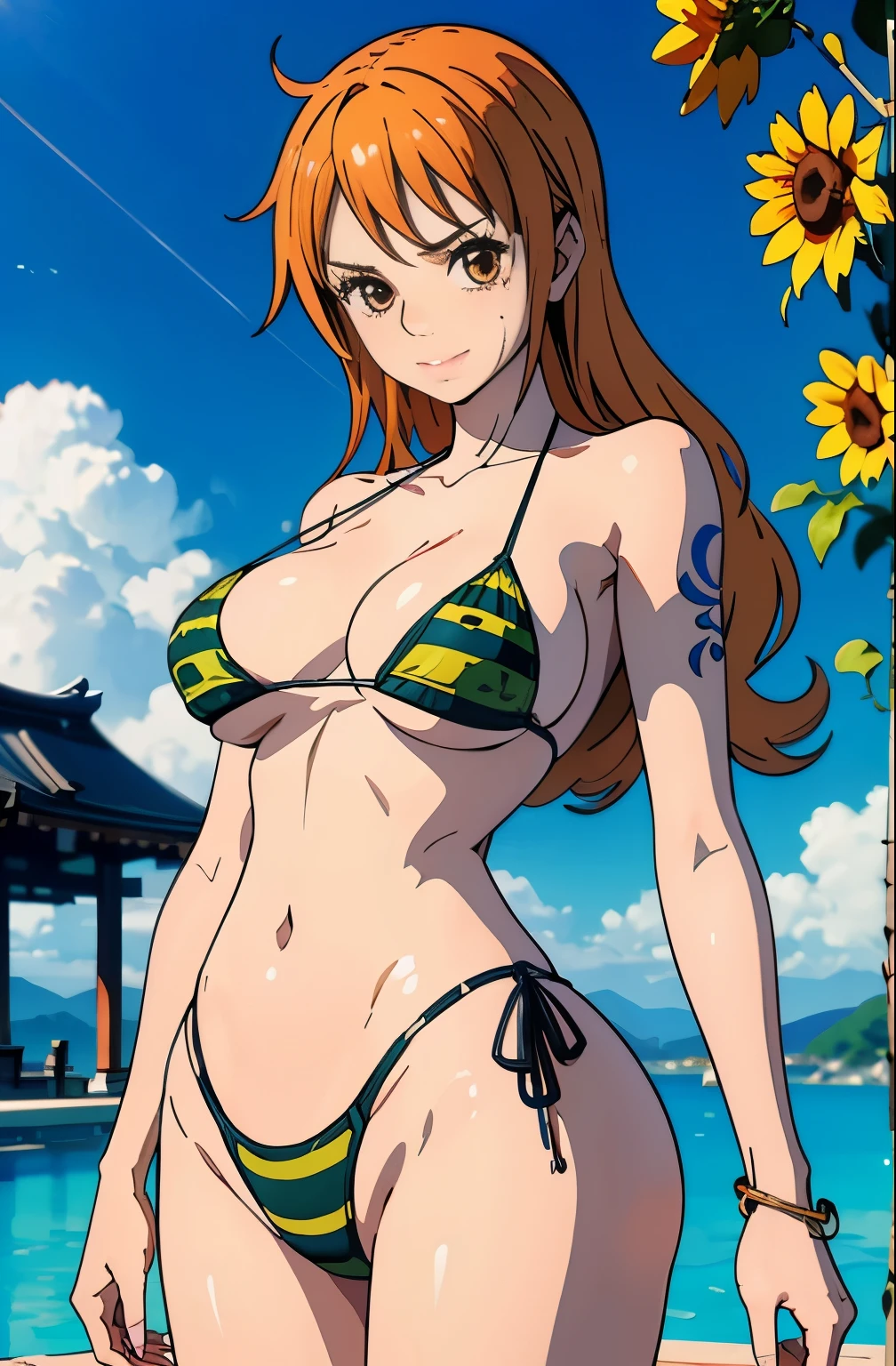 (((master piece))),(hyper quality::1.5), Hyper Detailed,Perfect drawing,。.。.。.。.。.。.。.3D,8K Illustration、(((clearface)))、summer sunlight、Sunflower Mountains、Hi-Res、japanes、1 persons、 Lady、ssmile、Beautiful skins、Lustrous hair、((beautiful proportion))、((Luxury swimwear))、(((Beautiful swimsuit)))、Japan background、nice background、((beatiful backgrounds))、(((Detailed drawing)))、Perfect Beautiful Girl、((Perfect Photo))、((emotional))、((Luxury))、spot light