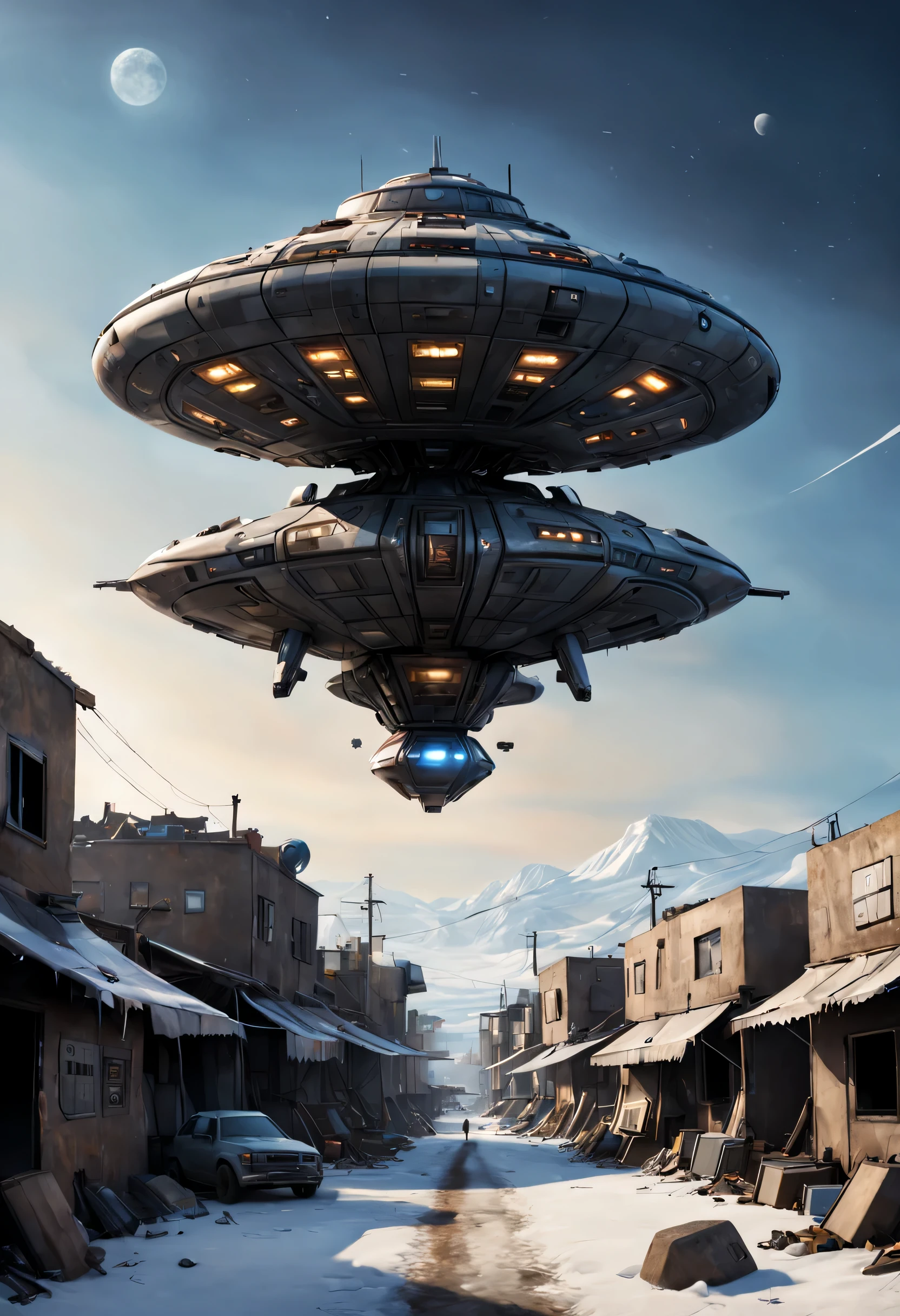 Enorme nave espacial, informe, roca, roca, petroflix, ovni, district 9 movie, colgando en el aire, Maximum realism, fondo: Junkyard, Barrios bajos, Tierra seca, calor, cielo azul, hembra, ultrarrealista, Soft lighting, 8k, ,more detail XL,nieve,Ciudad Nocturna