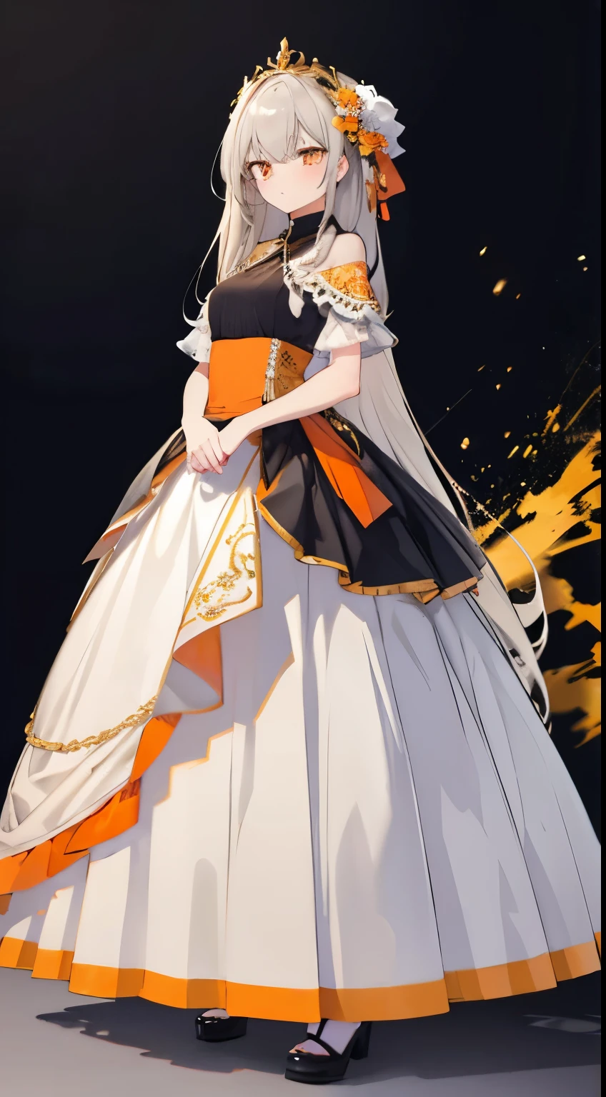 super precision,​masterpiece, top-quality,(Full body like),One girl,a beauty girl,16yo girl,(Look here),Beautiful face,(((Light gray hair))),(Orange eyes),detailed slanted eyes,cool expression,She is wearing an orange, white, and black wedding dress.,orange flower embroidery and gold embroidery,Ren Hao,Slender figure,tiny chest,Black simple background,