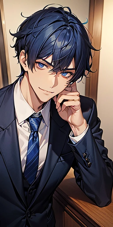 ((masutepiece)), ((Best Quality)), ((Brown skin)), ((Dark blue eyes)), ((Dark blue hair))、Handsome man , ((Very short hair、no bangor head)), masculine、tall、A sexy、 man、Sanpaku eyes、Smirk、Suits、handsome man