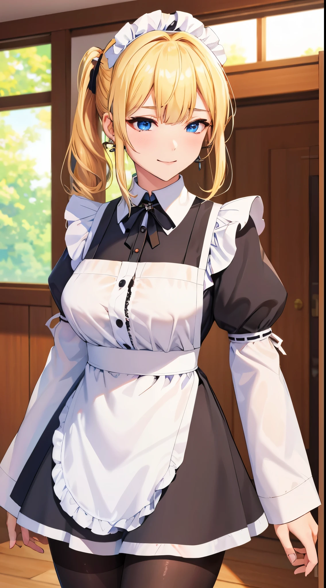 peace, Best quality at best, A high resolution, 1 girl, hayasaka ai, Alone, Blonde hair, maid, eBlue eyes, side ponytails, Hair rings, hair adornments, 蓝色Hair rings, maid headdress, aprons, hair between eye, , longer sleeves, By bangs, white  shirt, Black dress, side locks, maid aprons, black pantyhoses,  cow boy shot,