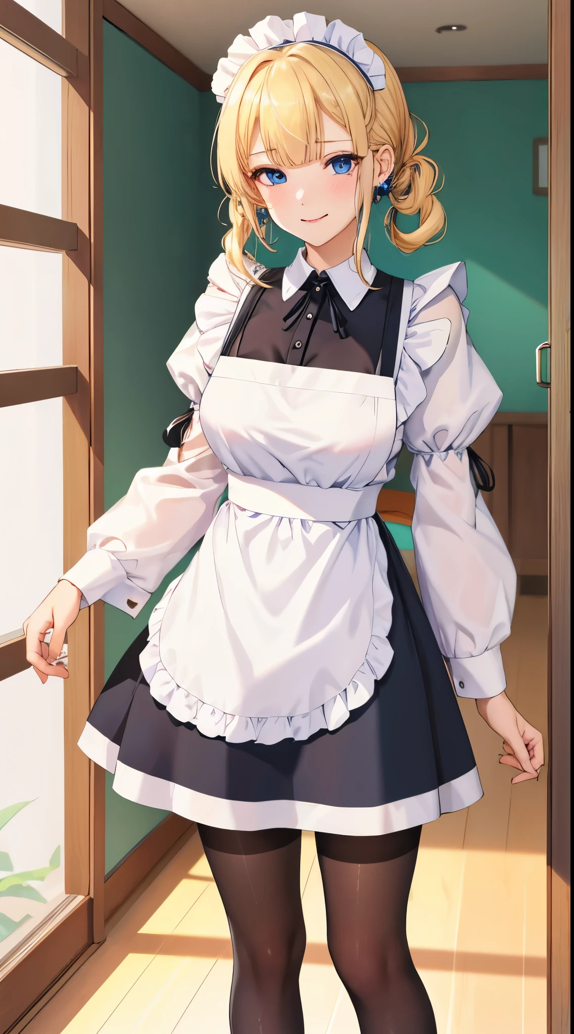 peace, Best quality at best, A high resolution, 1 girl, hayasaka ai, Alone, Blonde hair, maid, eBlue eyes, side ponytails, Hair rings, hair adornments, 蓝色Hair rings, maid headdress, aprons, hair between eye, , longer sleeves, By bangs, white  shirt, Black dress, side locks, maid aprons, black pantyhoses,  cow boy shot,