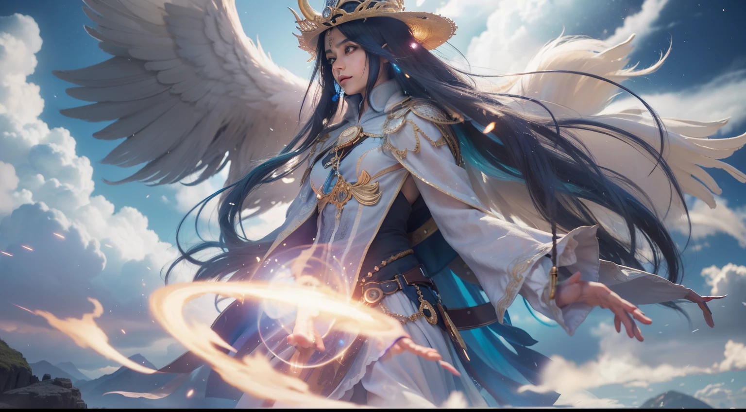 Por encima de las nubes ascendentes,Noche, oscuro, (fantasy),Infinito,cielo azul profundo,El abismo del conocimiento,Cowledge,((Masutepiece)), (((La mejor calidad))),((hermosos ojos finos)),(lashes)、nubes realistas、Cara muy bonita、The Ultra-High Definition、Castillo de alta fantasy、Hermosa chica con un enorme golem、(1人の女の子)、cabello negro、El pelo largo、Ojos del abismo、piel resplandeciente、aceites、small boobs、Estructura perfecta del cuerpo humano、Wizard's robes、El Gigante、tela hecha jirones、Abrigo realista、chi、Super delicate CG Unity 32k wallpaper、fotorrealista、obra maestra, ((Ultra-detallado)), ((ilustratio)),colorido,muro-,energy,Terror desconocido,Incomprensible,Alrededor de la magia,magical environment,Magic wands,Libro,Flying pages,Saber todo,Predecir el futuro、Conoce el pasado、Infinite wisdom、Llamas azules、Brujo、magical circles、Pentagrama、Hechizos、mantra、Cantando magia