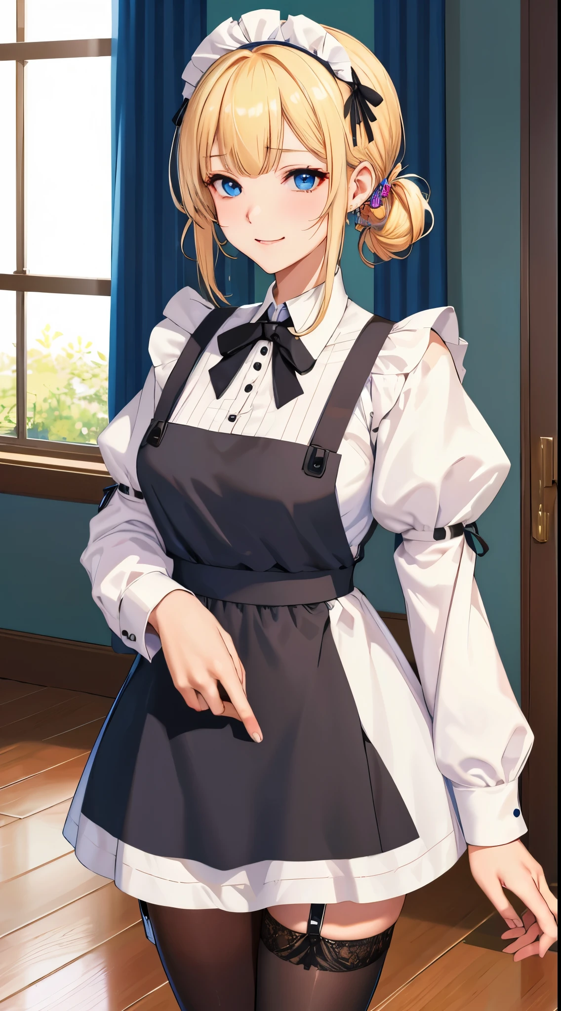 peace, Best quality at best, A high resolution, 1 girl, hayasaka ai, Alone, Blonde hair, maid, eBlue eyes, side ponytails, Hair rings, hair adornments, 蓝色Hair rings, maid headdress, aprons, hair between eye, , longer sleeves, By bangs, white  shirt, Black dress, side locks, maid aprons, black pantyhoses,  cow boy shot,