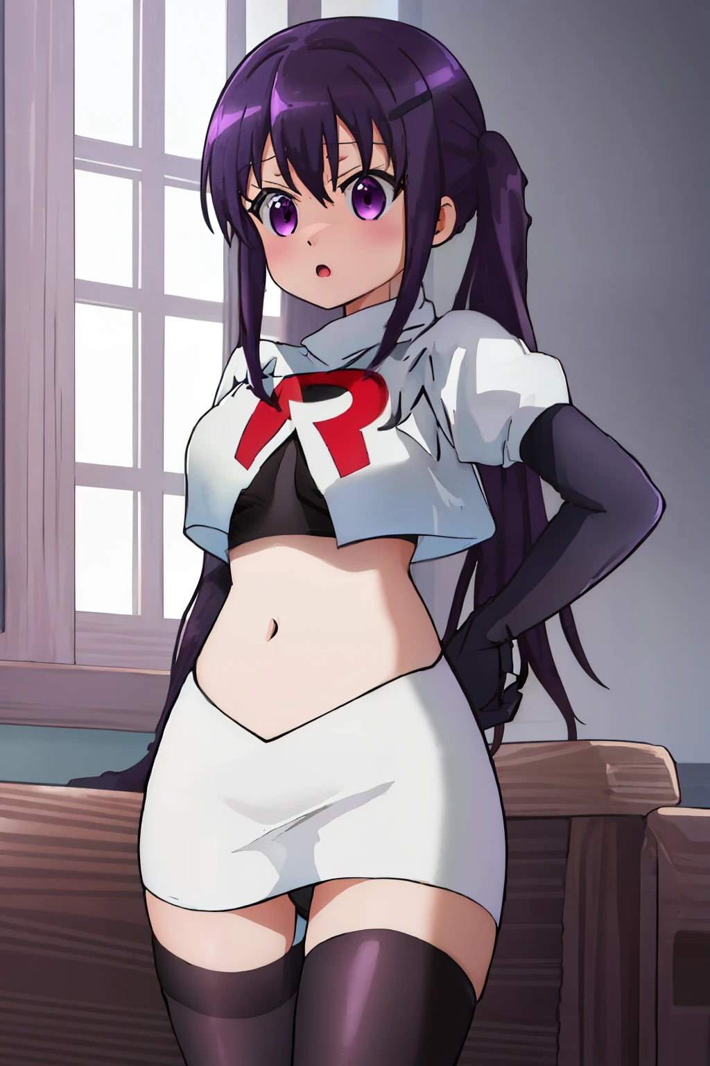 best quality, masterpiece, highres, solo, {tedeza_rize_istheorderarabbit:1.15}, purple_hair, long_hair, twintails, purple_eyes, bangs, hair_ornament, blush, hairclip, hair_between_eyes, :o,shiny, shiny_hair, breasts, team rocket,team rocket uniform,white skirt,red letter R,crop top,black thigh-highs,black elbow gloves