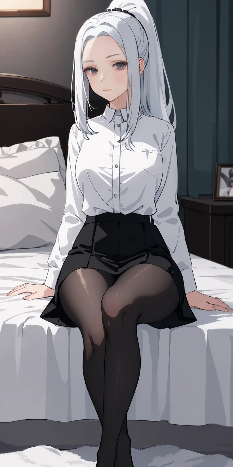 (((1 girl)),ray tracing,(dim lighting),[detailed background (bedroom)),((silver hair)),((silver hair)),(Fluffy silver hair, plump slender girl)) with high ponytail)))) Avoid golden eyes in the ominous bedroom (((Girl wears a white shirt, black wrinkled skirt with black sheer pantyhose), showing a delicate slim figure and graceful curves, correct limbs, sitting on the bed