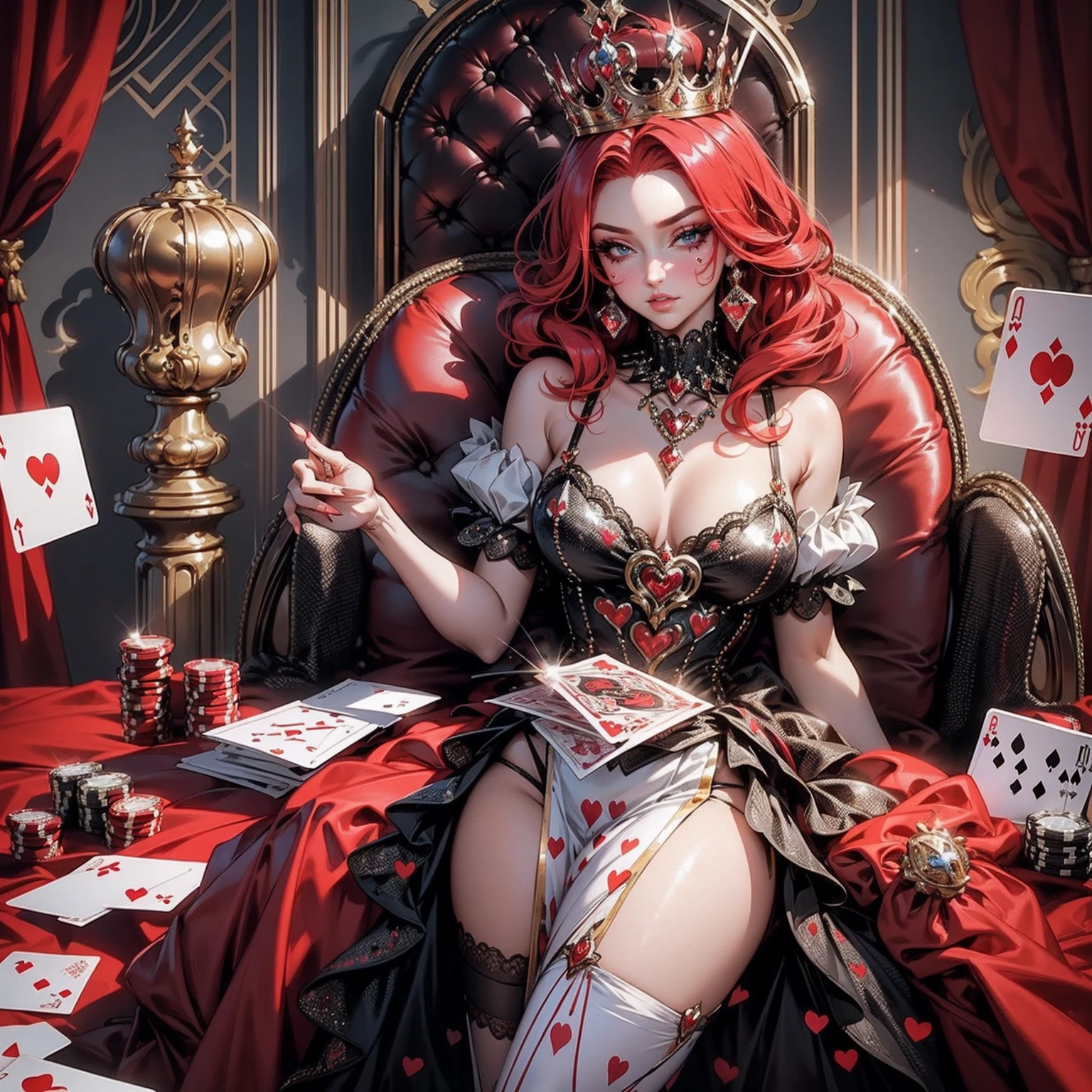 Em um luxuoso cassino, A stunning woman wears an exquisite dress adorned with heart symbols, embodying the royal presence of the Queen of Hearts. Surrounded by a backdrop of poker cards and chips, She exudes confidence and seduction, convidando os jogadores a testar sua sorte e habilidades no jogo de azar. com cabelos curtos, enrolados, cabelos vermelhos (queen of hearts)