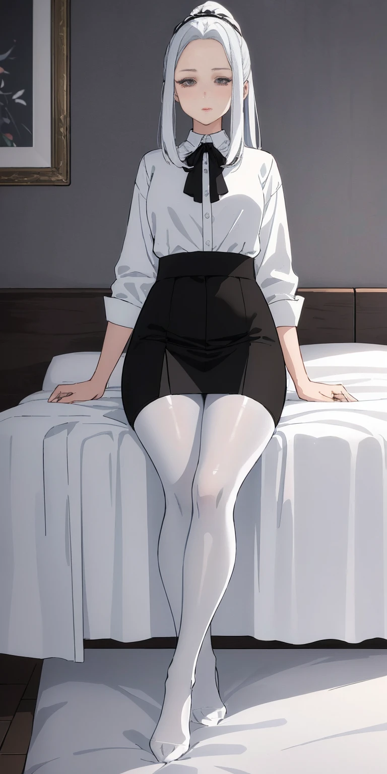 (((1 girl)),ray tracing,(dim lighting),[detailed background (bedroom)),((silver hair)),((silver hair)),(Fluffy silver hair, plump slender girl)) with high ponytail)))) Avoid golden eyes in the ominous bedroom (((Girl wears a white shirt, black wrinkled skirt with black sheer pantyhose), showing a delicate slim figure and graceful curves, correct limbs, sitting on the bed