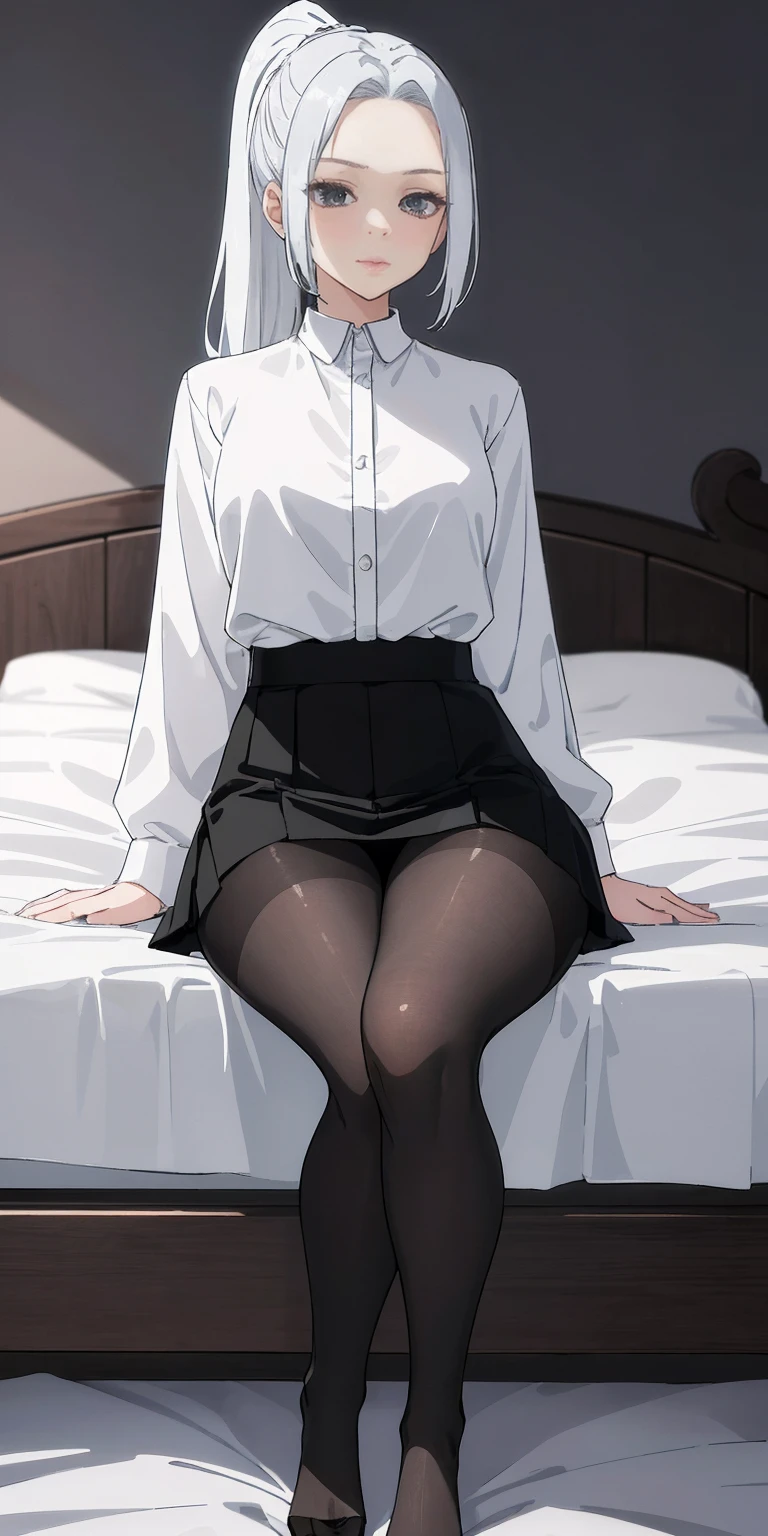(((1 girl)),ray tracing,(dim lighting),[detailed background (bedroom)),((silver hair)),((silver hair)),(Fluffy silver hair, plump slender girl)) with high ponytail)))) Avoid golden eyes in the ominous bedroom (((Girl wears a white shirt, black wrinkled skirt with black sheer pantyhose), showing a delicate slim figure and graceful curves, correct limbs, sitting on the bed