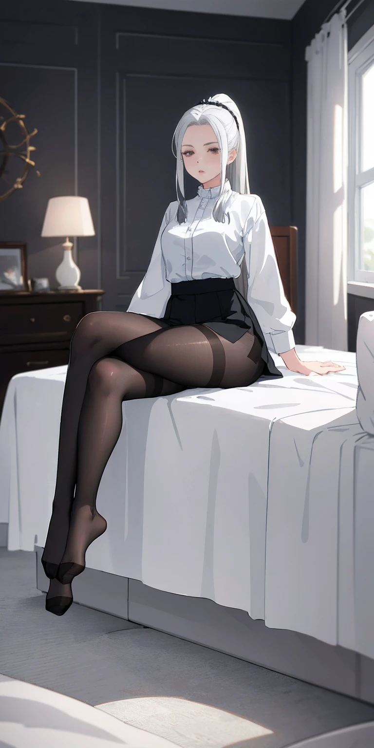 (((1 girl)),ray tracing,(dim lighting),[detailed background (bedroom)),((silver hair)),((silver hair)),(Fluffy silver hair, plump slender girl)) with high ponytail)))) Avoid golden eyes in the ominous bedroom (((Girl wears a white shirt, black wrinkled skirt with black sheer pantyhose), showing a delicate slim figure and graceful curves, correct limbs, sitting on the bed