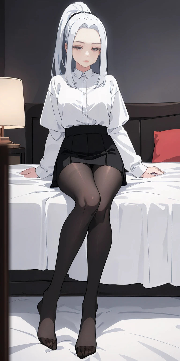 (((1 girl)),ray tracing,(dim lighting),[detailed background (bedroom)),((silver hair)),((silver hair)),(Fluffy silver hair, plump slender girl)) with high ponytail)))) Avoid golden eyes in the ominous bedroom (((Girl wears a white shirt, black wrinkled skirt with black sheer pantyhose), showing a delicate slim figure and graceful curves, correct limbs, sitting on the bed