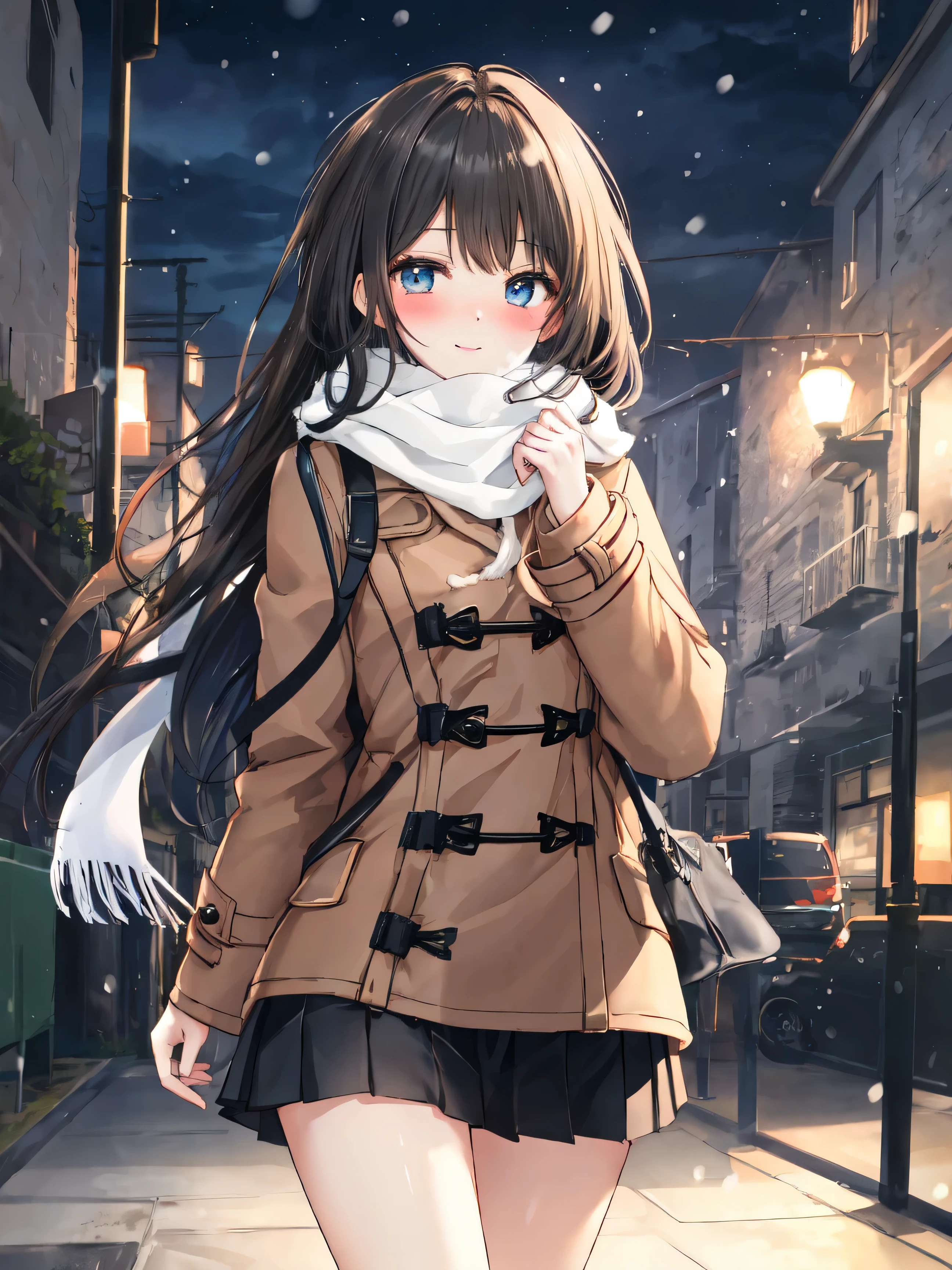 8K, (Ultra-detailed:1.3, master piece:1.3, Best Quality:1.3, High resolution:1.3), 18year old, High school students, 1 person, girl with, Beautiful face, large and beautiful breasts, Blue eyes, eyes in Highlights, catch light eyes, Specular Highlight Eye, BREAK (Long hair, Pitch black hair:1.5), (Black sailor suit, Black pleated skirt, Separate Uniform), BREAK shoot from front, Cowboy Shot, (No hat:1.3), (blush, nose blush, Happy), BREAK Street, Walking, Night, yuki, Moon, BREAK Breathing white breath from cold, BREAK (Light brown duffel coat, unbutton one's coat:1.2), (White headscarf:1.3), BREAK (red neckerchief)